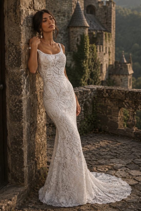 Egyenes vonalú menyasszonyi ruha csipkéből, vállpántokkal. Elegáns.