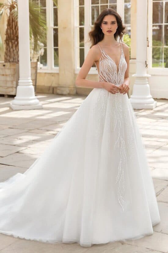 Csipkés 58 Enzoani Scarlett – Glamorous A-vonalú esküvői ruha csillogó tüllel és geometriai csipkével