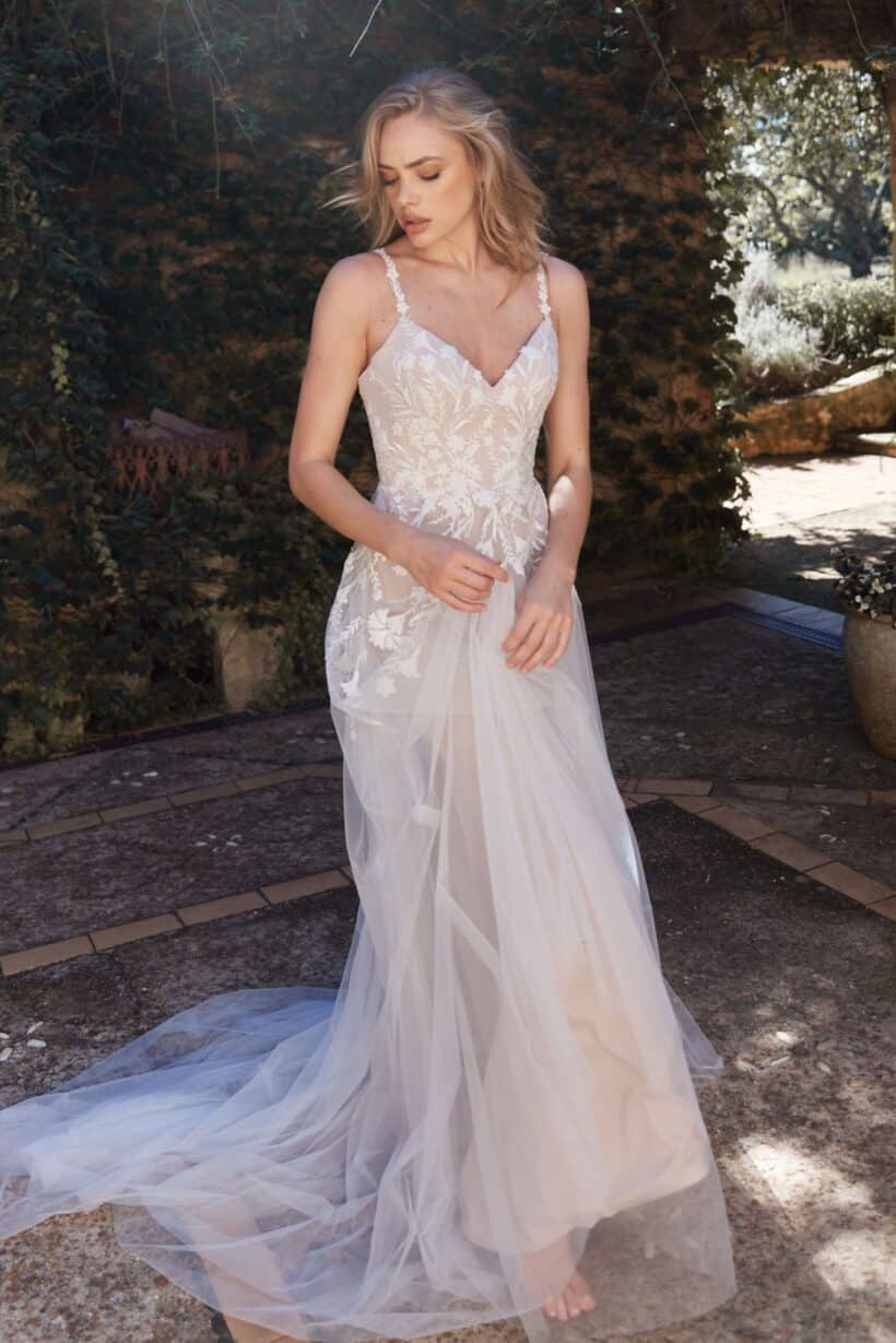 LANE_EY237_SPAGHETTI STRAP ALINE WEDDING DRESS WITH LACE APPLIQUE AND DETACHABLE ILLUSION JACKET_EVIE YOUNG BRIDAL 247