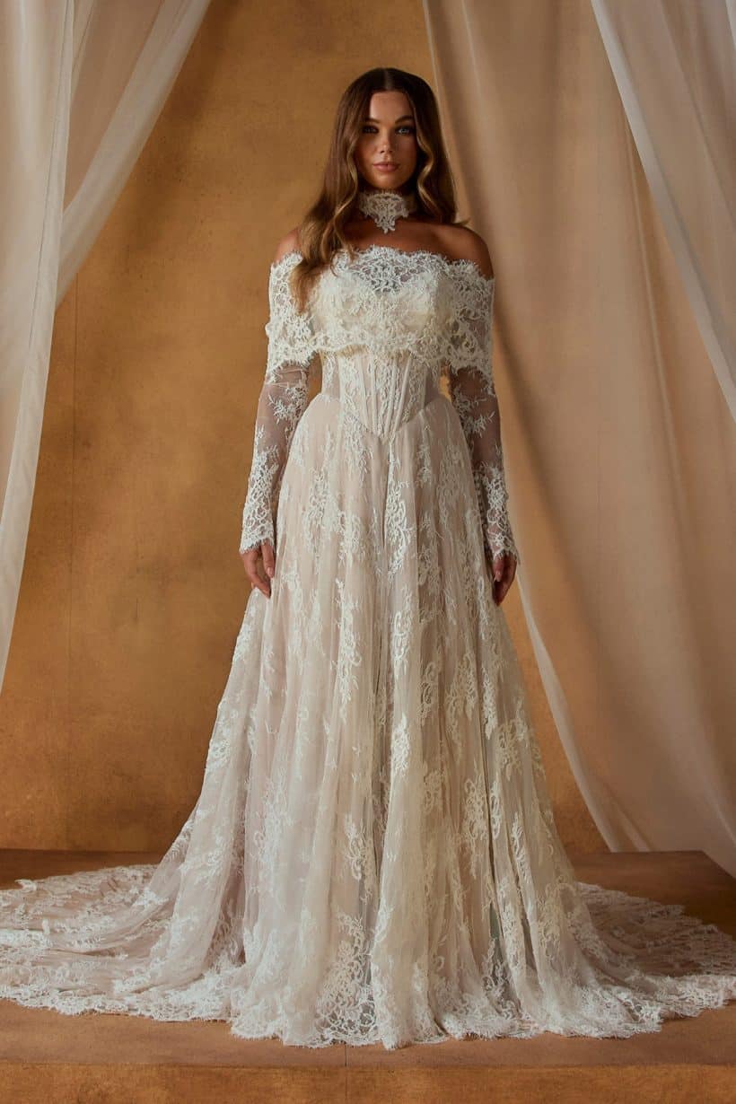 bridgerton stílusú menyasszonyi ruha