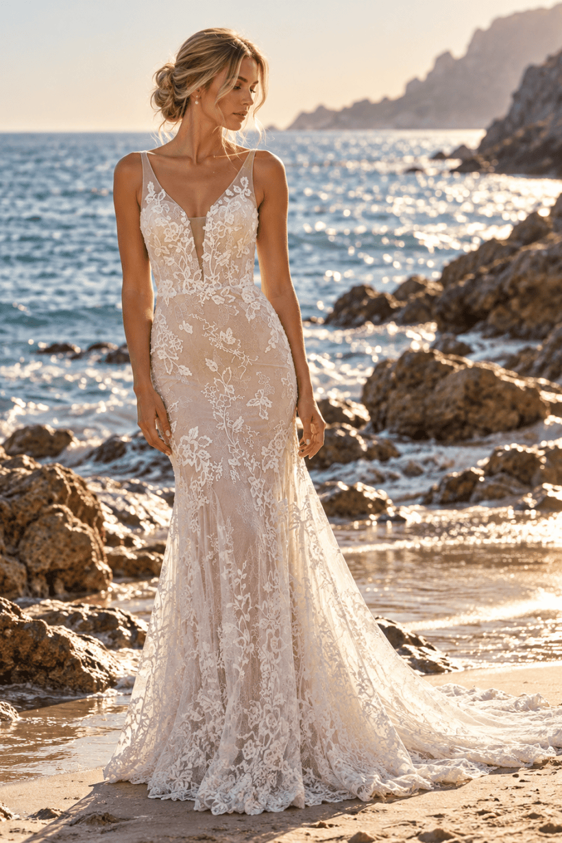 Golden-Hour Coastal Bridal Portrait csipkés sellő menyasszonyi ruha