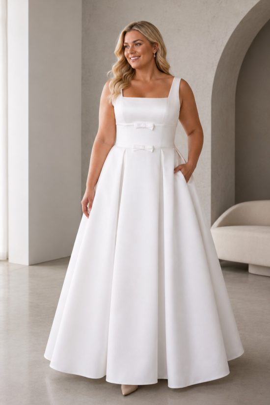 Plus size szatén menyasszonyi ruha A-vonalú fazonban